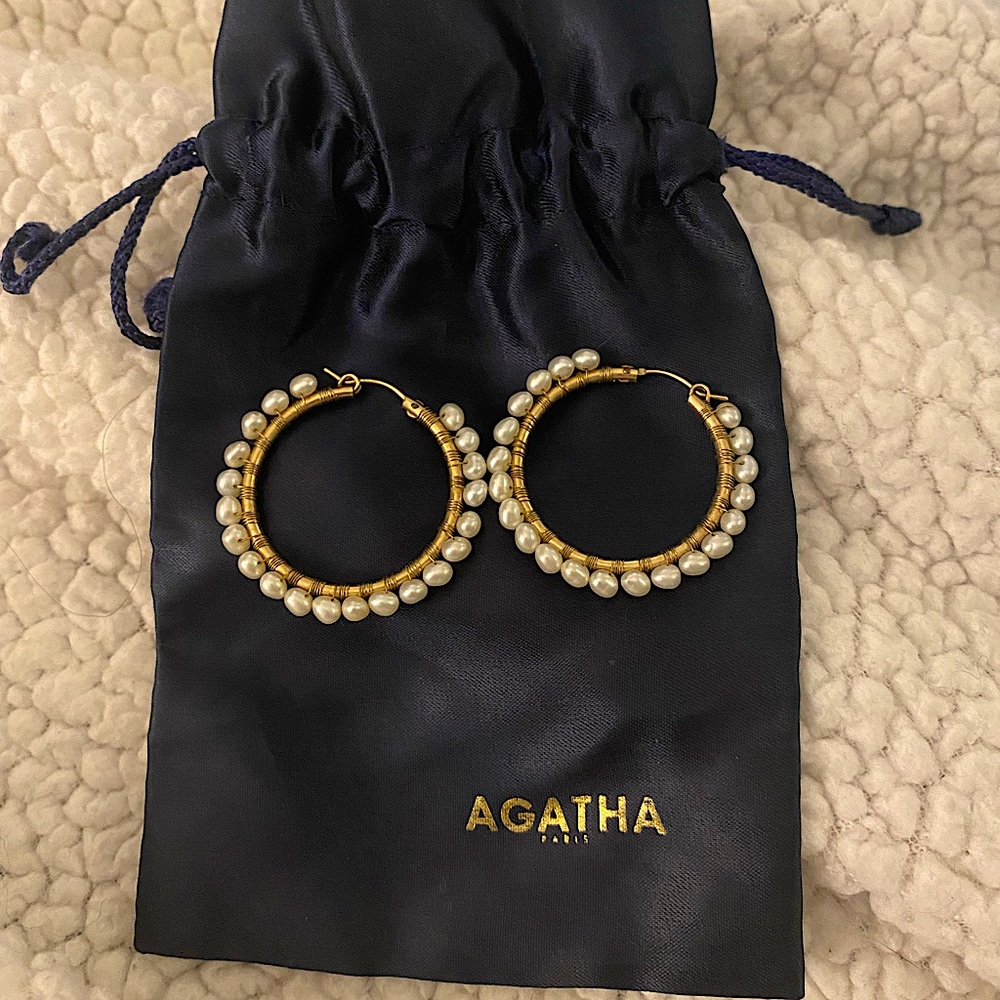 Agatha Paris Gold Plate & Pearl Hoop Earrings